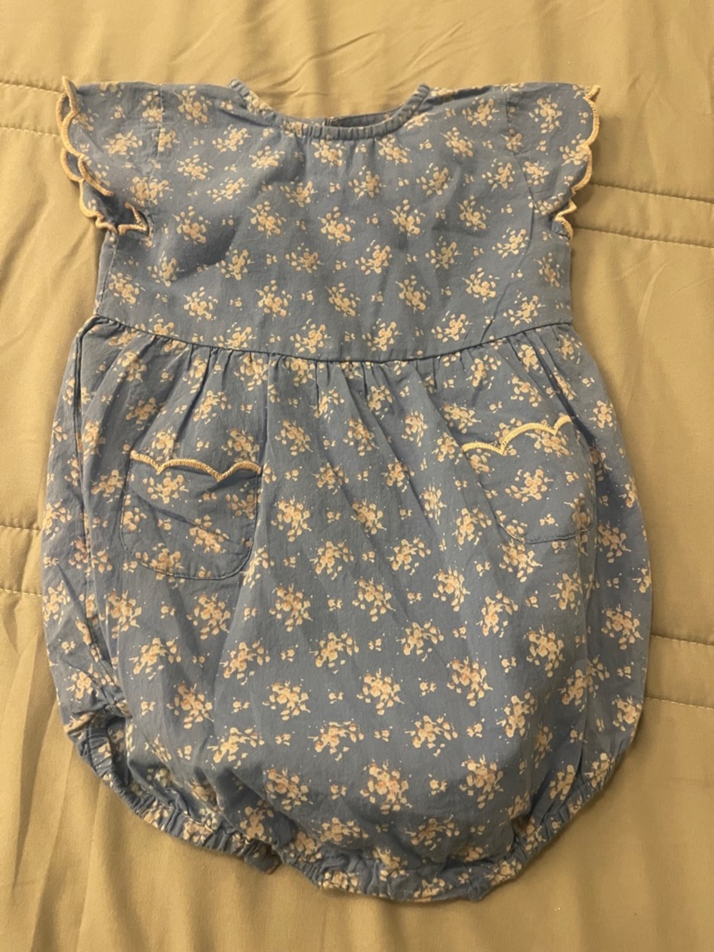 Blue Floral Baby Romper with Cream Accents